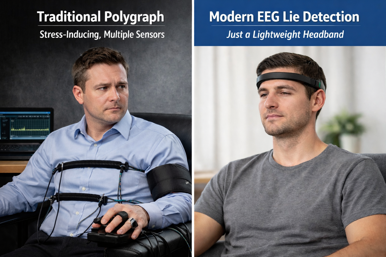 Split image showing traditional polygraph test with multiple sensors vs modern P300 EEG test using only a headband in Trearddur Bay